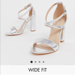 ASOS Silver Strappy Cross Strap Chunky Heel Wide Fit